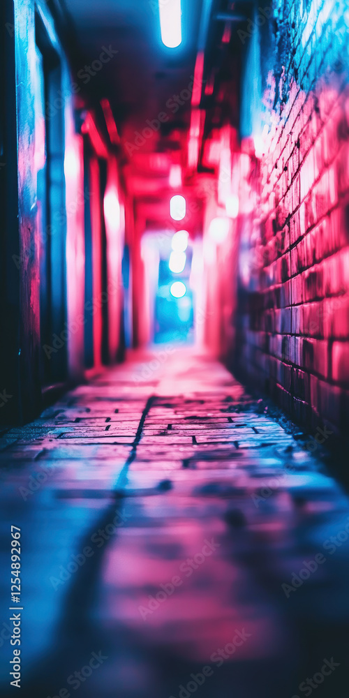 Neon lit urban alleyway with vibrant colors and abstract blurred perspective at night Neon lit urban alleyway with vibrant colors and abstract blurred perspective at night