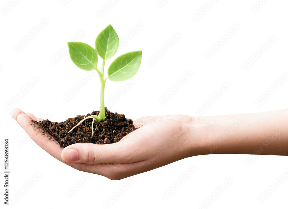 A delicate green sprout with small leaves growing from rich soil, gently cradled in a human hand. Transparent background A delicate green sprout with small leaves growing from rich soil, gently cradled in a human hand. Transparent background