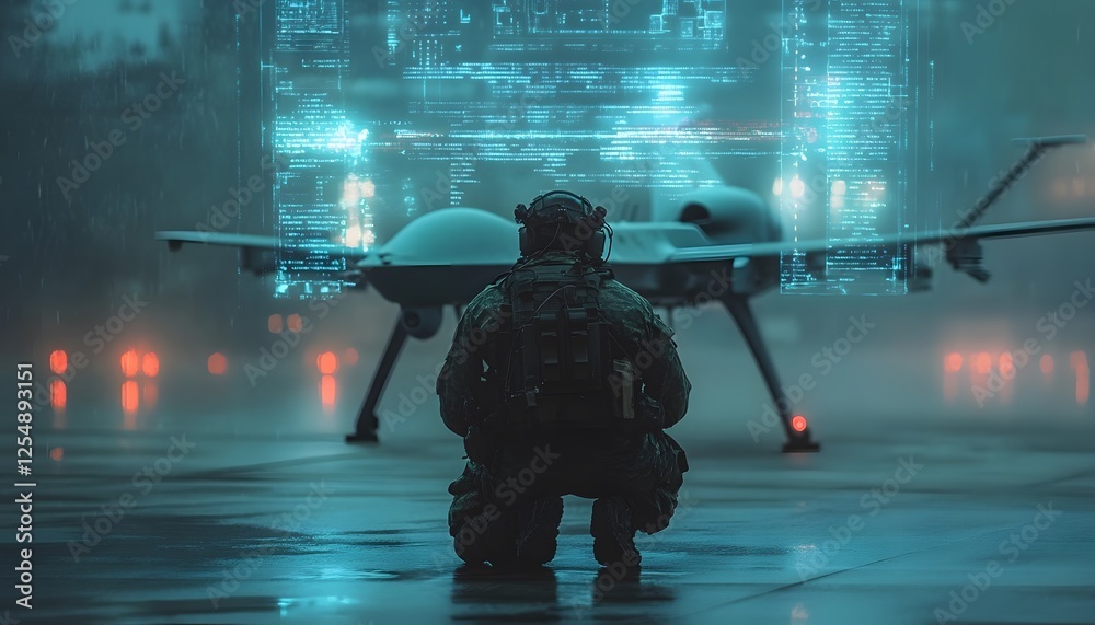 Obraz premium Soldier overseeing military drone while data streams in the background