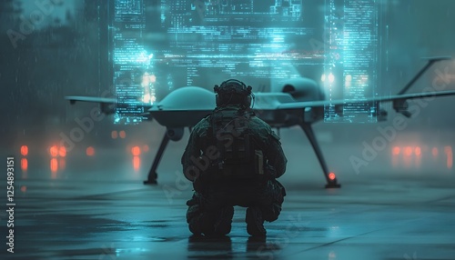 Soldier overseeing military drone while data streams in the background
