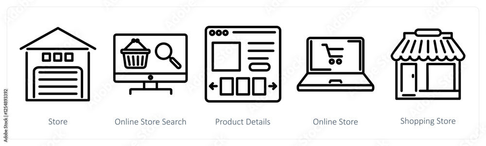 A set of 5 shopping icons as store, online store search, product details A set of 5 shopping icons as store, online store search, product details