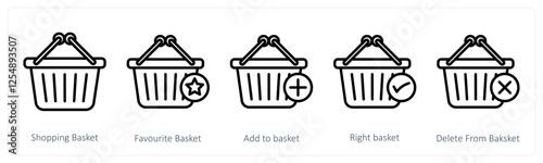 A set of 5 shopping icons as shopping basket, favorite basket, add to basket