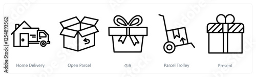 A set of 5 shopping icons as home delivery, open parcel, gift