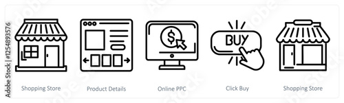 A set of 5 shopping icons as shopping store, product details, online ppc