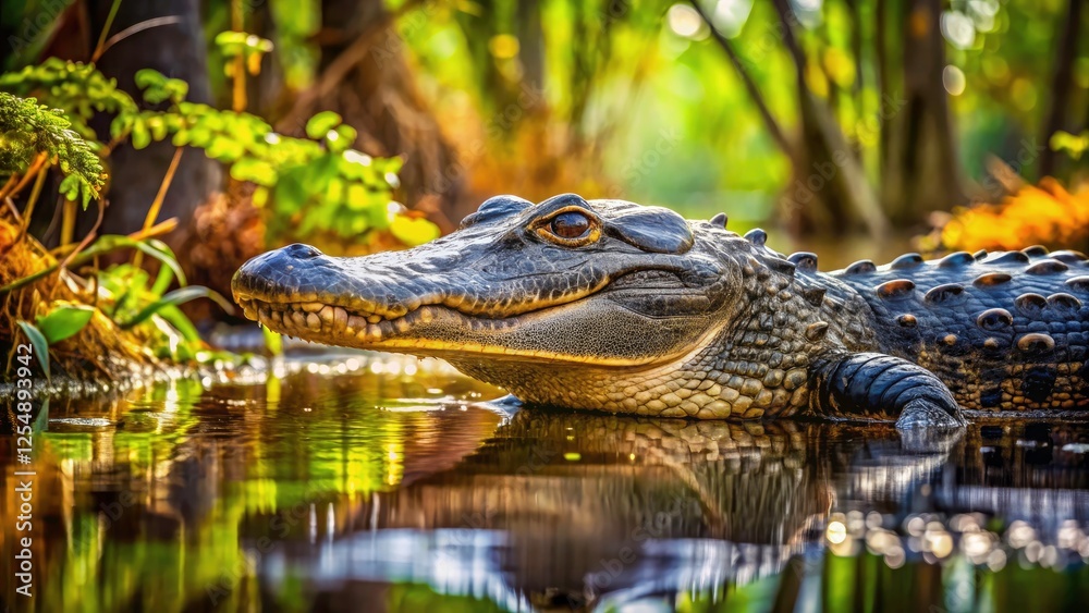 Obraz premium Macro Photography of Alligator on Aningha Trail in Everglades Swamp, Capturing the Intricate Details of Wildlife in a Lush, Wetland Habitat