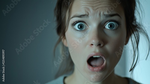 Shocked woman wide eyes fear face. AI generated photo