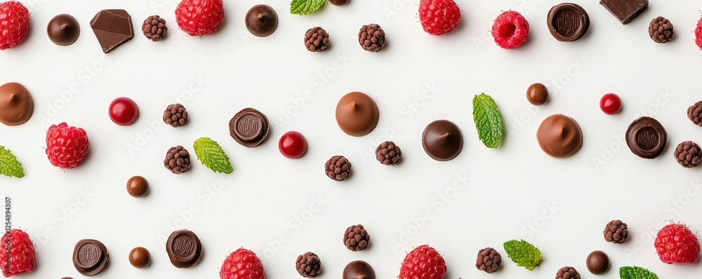 Indulgent chocolate ganache with fresh raspberries and mint leaves, accompanied by scattered cocoa and dark chocolate pieces for a tempting visual Indulgent chocolate ganache with fresh raspberries and mint leaves, accompanied by scattered cocoa and dark chocolate pieces for a tempting visual