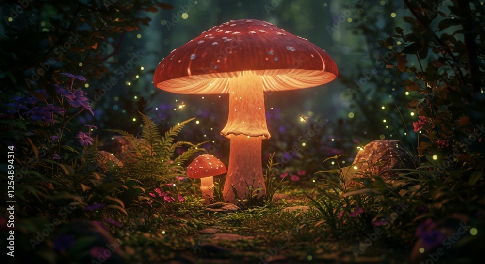Fototapeta premium Enchanted Forest Glowing Mushrooms Firefly Magic Fantasy Nature Scene