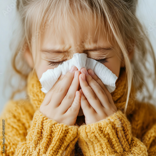 young boy sneezing due to cold or allergies, with symptoms of sickness, discomfort, and a runny nose. Set against a clean, white background, depicting illness and healthcare.