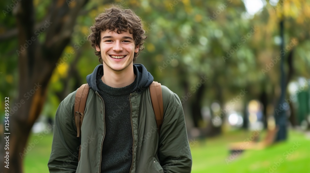 Smiling young man in park wearing casual jacket and backpack. AI generated Smiling young man in park wearing casual jacket and backpack. AI generated