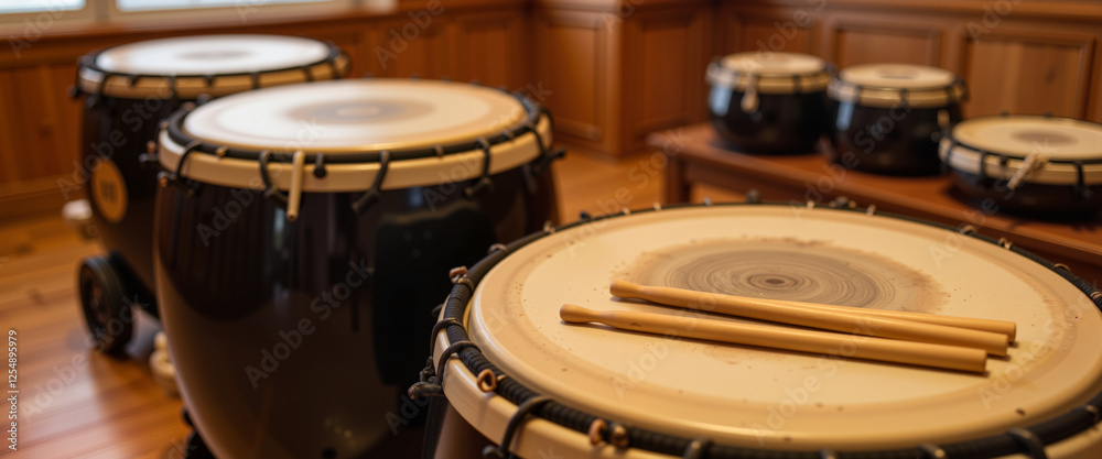 Calming taiko drumsticks resting on traditional drums, cultural artistry Calming taiko drumsticks resting on traditional drums, cultural artistry