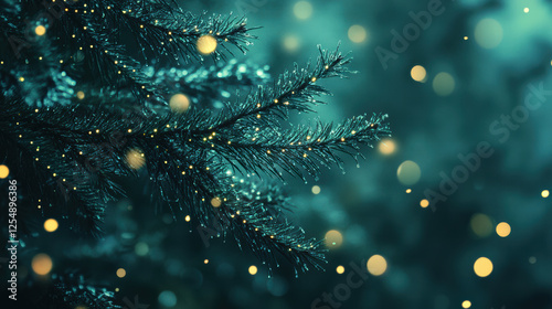 Close up of pine branches adorned with glowing bokeh lights, creating magical and festive atmosphere. shimmering lights enhance beauty of evergreen foliage