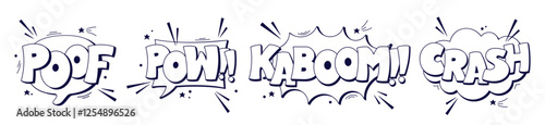 Black and white speech bubbles Pow Kaboom Poof Crash.