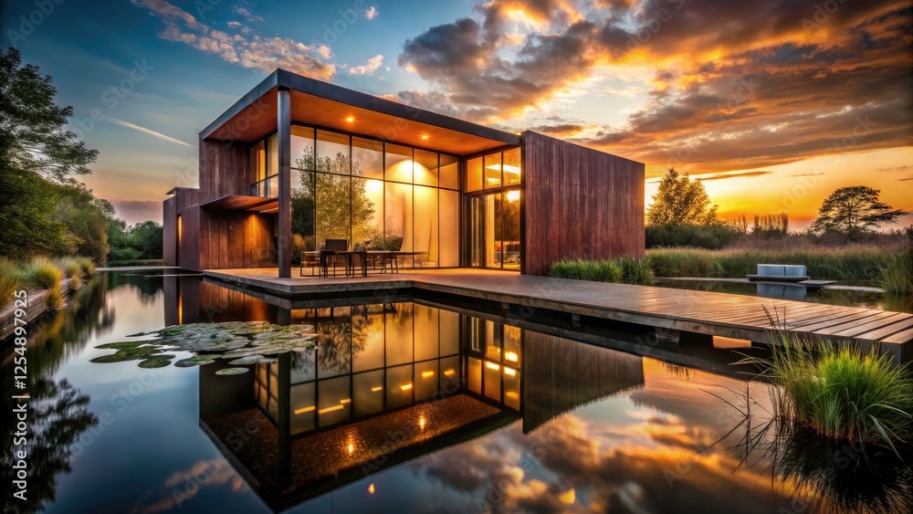 Modern Architectural Silhouette with Rusty Exterior, Tranquil Pond, and Wooden Deck at Dusk - Captivating Design and Nature Harmony