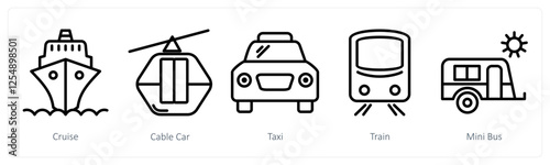 A set of 5 travel icons as cruise, cable car, taxi
