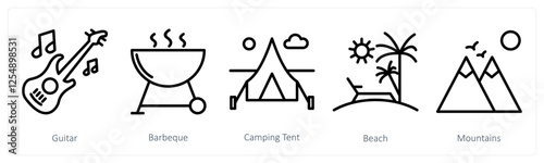 A set of 5 travel icons as guitar, barbecue, camping tent