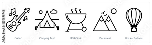 A set of 5 travel icons as guitar, camping tent, mountains