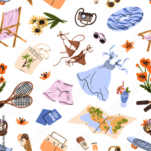 Endless background with summer vacation accessories. Repeatable pattern of holiday travel items. Tourists stuff, beach things for sea resort- bikini, chaise lounge. Flat seamless vector illustration
