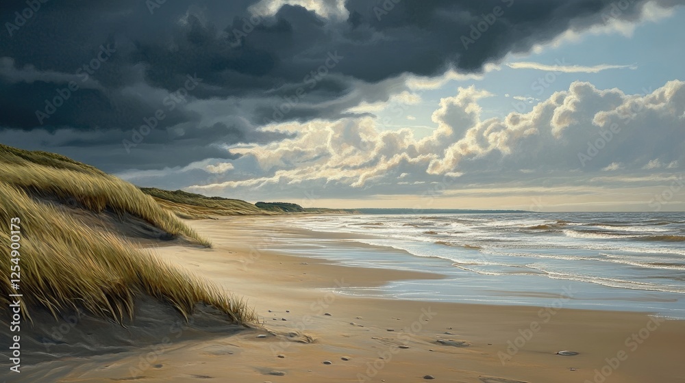 Vibrant beach scene with dramatic skies and soft waves Vibrant beach scene with dramatic skies and soft waves