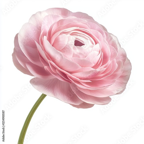 Single Elegant Pink Ranunculus Flower on a White Background with Soft Petals and Delicate Structure