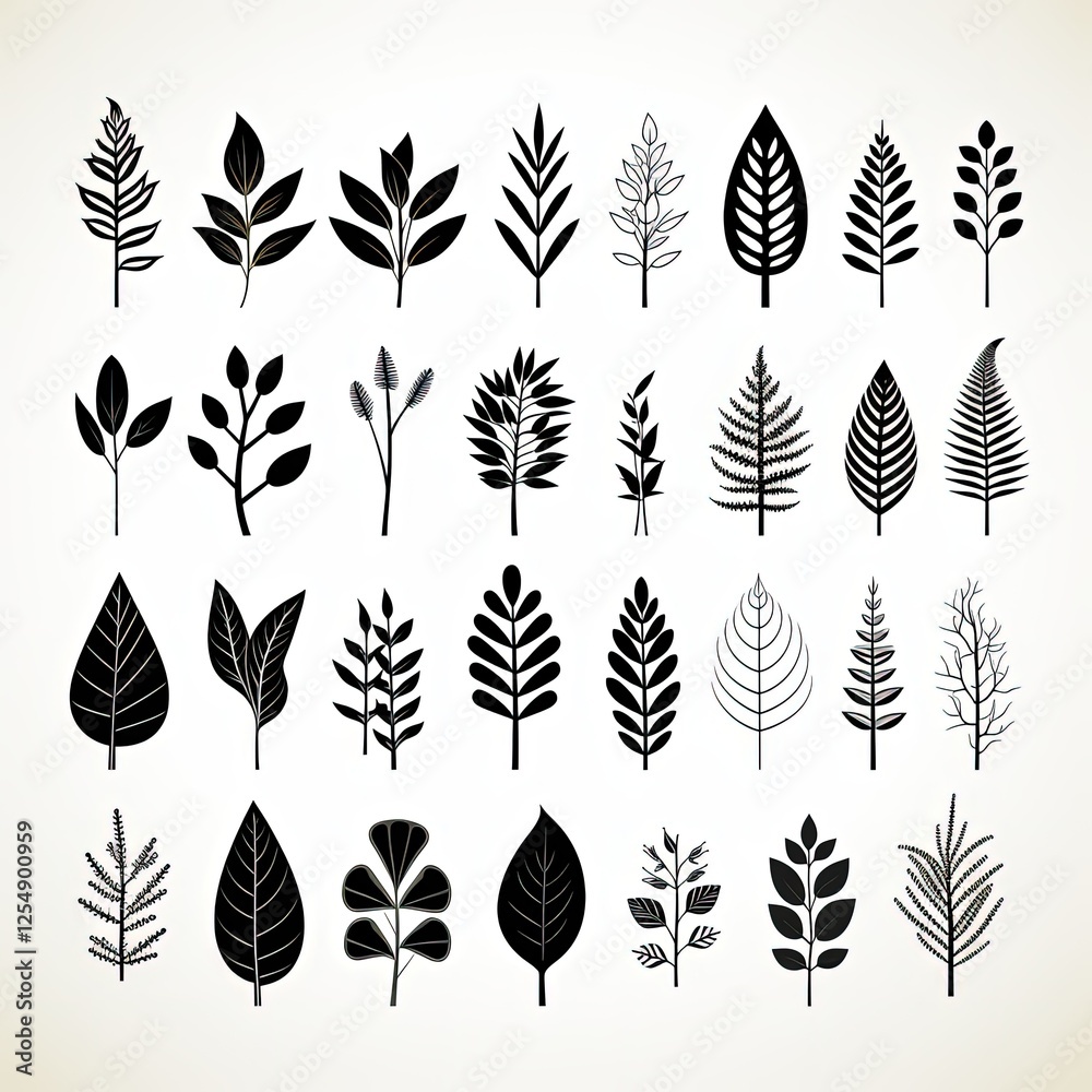 Obraz premium Artistic Outline of Various Leaves in Black Silhouette for Nature Illustration