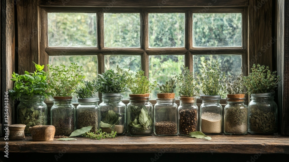 A rustic window shelf displaying various jars of herbs and spices for culinary use. A rustic window shelf displaying various jars of herbs and spices for culinary use.