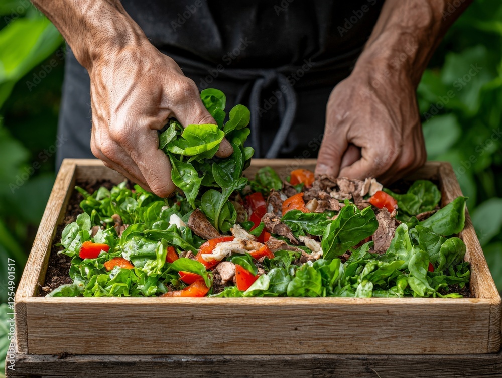 Fresh Salad Preparation with Hands Mixing Greens, Red Peppers, and Tuna in Natural Outdoor Setting Fresh Salad Preparation with Hands Mixing Greens, Red Peppers, and Tuna in Natural Outdoor Setting