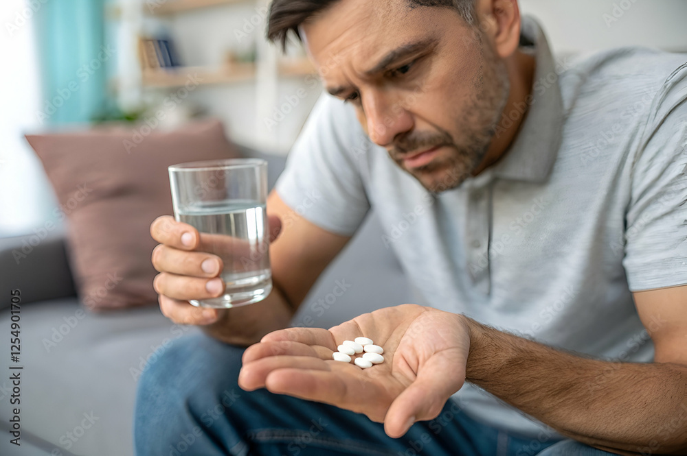 A man thoughtfully examines pills in his hand while holding a glass of water, reflecting on his health and medication choices. A man thoughtfully examines pills in his hand while holding a glass of water, reflecting on his health and medication choices.
