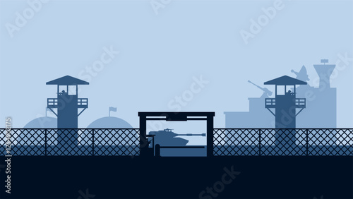 Landscape silhouette of military base scenery. Panoramic view of headquarter with military building and hangar. Vector illustration of scenic military bunker with tank and watchtower