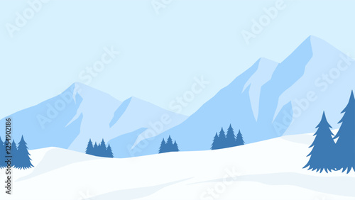 Landscape of snowy mountain scenery. Panoramic view of mountainside with snowy hill and pine trees. Vector illustration of scenic majestic mountain in winter season