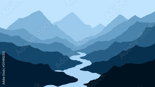 Landscape of a river in mountains scenery. Panoramic view of mountain range with a river flowing through it. Vector illustration of scenic landscape with river winding between majestic mountain range