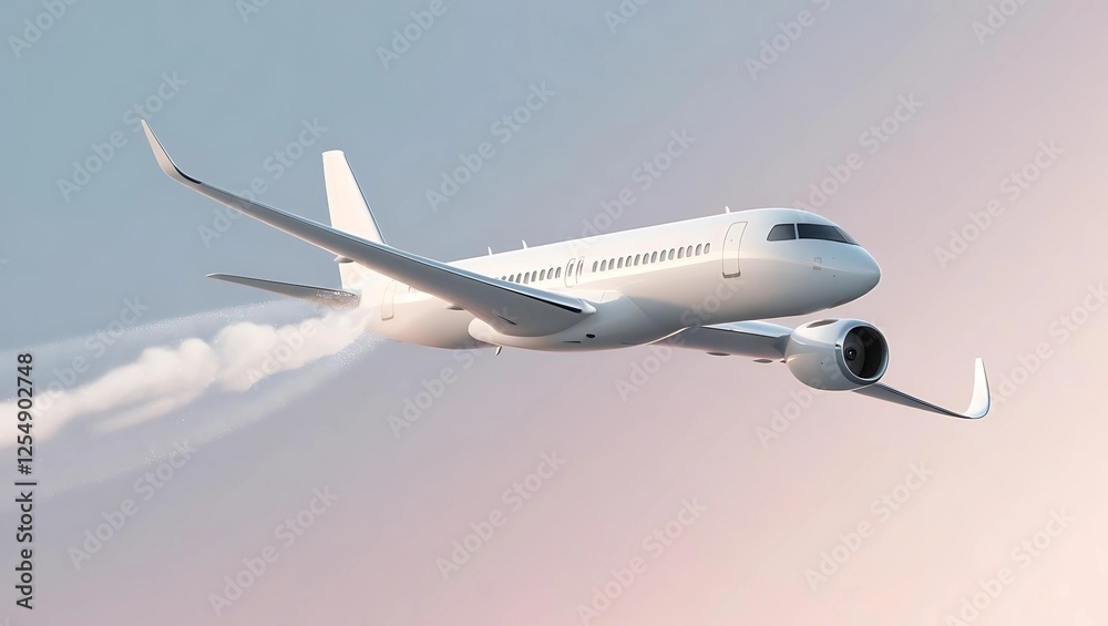 Obraz premium White minimalist airplane flying through soft pastel gradient sky of blue and pink, leaving a faint glowing contrail symbolizing freedom and adventure