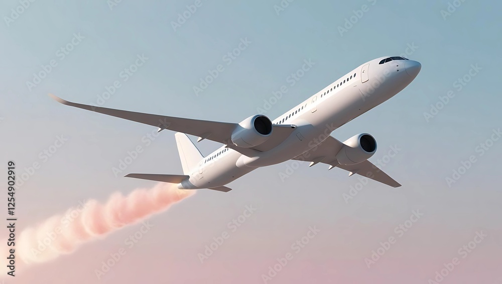 Obraz premium White minimalist airplane flying through soft pastel gradient sky of blue and pink, leaving a faint glowing contrail symbolizing freedom and adventure 