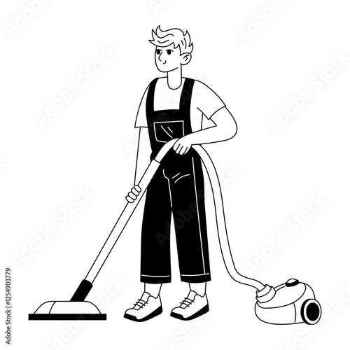 A glyph illustration of a character doing home cleaning with vacuum cleaner 

