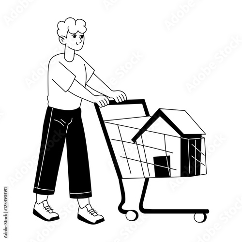 A character buying property illustration in glyph style 
