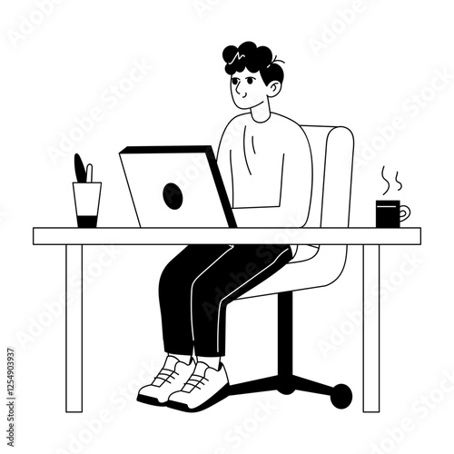 A glyph illustration of a character doing remote work 

