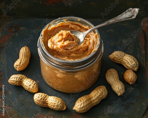 A spoonful of silky peanut butter resting on a jar, framed by shelled peanuts, bathed in cozy morning light