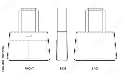 Double-Pocket Tote Bag Technical Fashion Illustration. Handbag Vector Template. Front, Side, and Back View. Structured Design. Reinforced Handles. Spacious Carryall. CAD Mockup set.