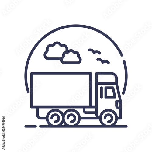 Illustration of a truck symbolizing domestic transport with clouds and birds.