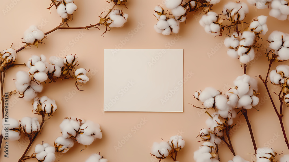 White Paper on Beige Table Surrounded by Cotton Flowers White Paper on Beige Table Surrounded by Cotton Flowers