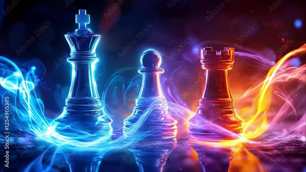 A glowing chess set featuring a king, pawn, and rook with vibrant colors and a dynamic background.
