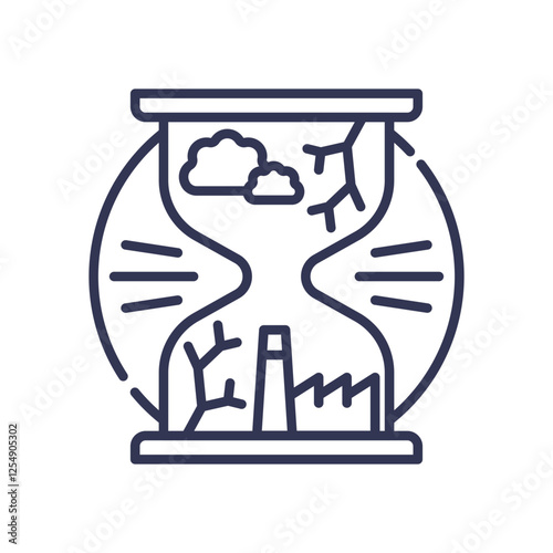 An hourglass with clouds, cracks, and a factory symbolizes the irreversible passage of time and environmental impact.