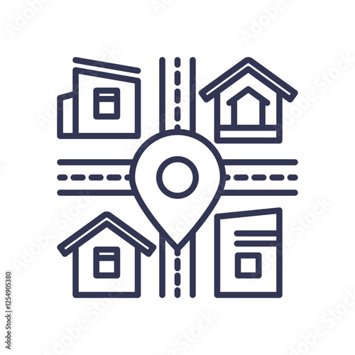 Map pin with diverse buildings symbolizes market diversity and location variety.