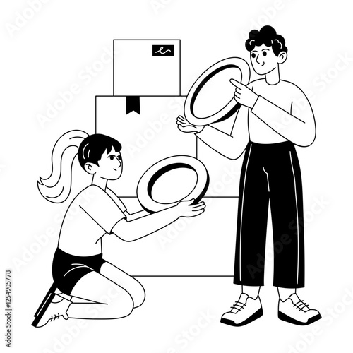A glyph illustration of two characters wrapping plates 

