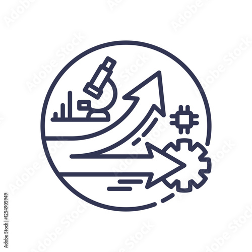 Microscope and arrows symbolize the transition from research to application.