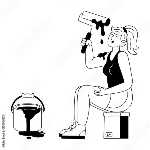 A glyph illustration of painting character doing home renovation 
