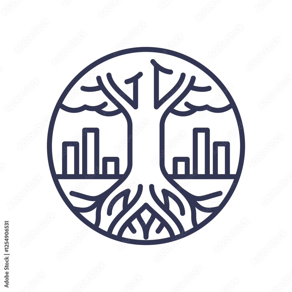 Fototapeta premium Tree with roots and bar graphs symbolizes deep analysis and growth.