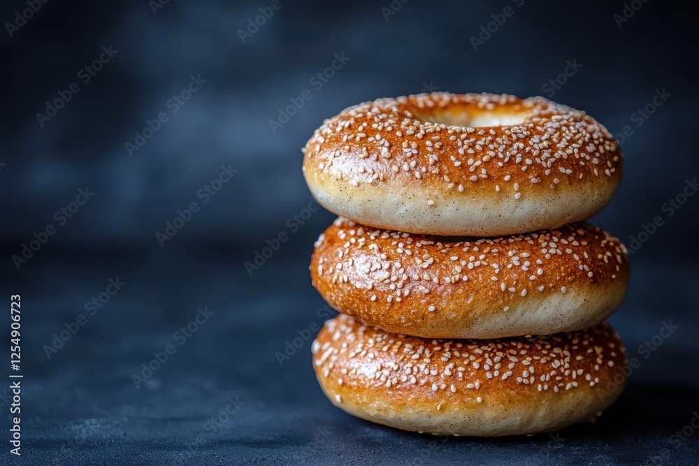 Close-up of stacked bagels with a perfect, soft texture, set against a moody, dark backdrop for a rustic and classic vibe Close-up of stacked bagels with a perfect, soft texture, set against a moody, dark backdrop for a rustic and classic vibe