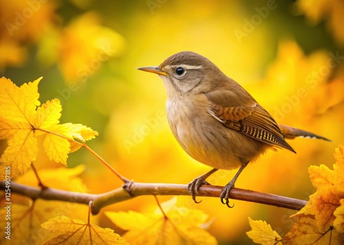 Small House Wren Yellow Tree Autumn Bird Wildlife Photography Nature Image photo