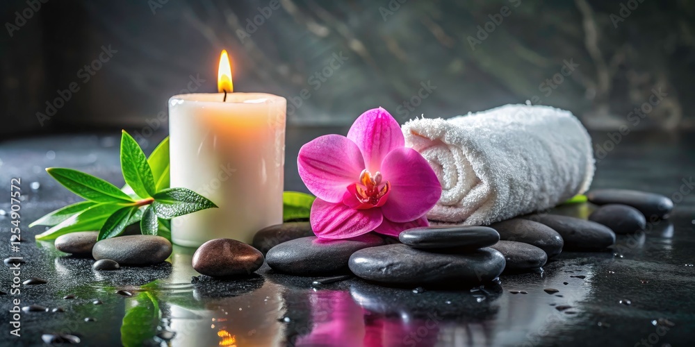 Spa Day Serenity: Pink Flower, Candle, Stones & Towel on Wet Slate Spa Day Serenity: Pink Flower, Candle, Stones & Towel on Wet Slate